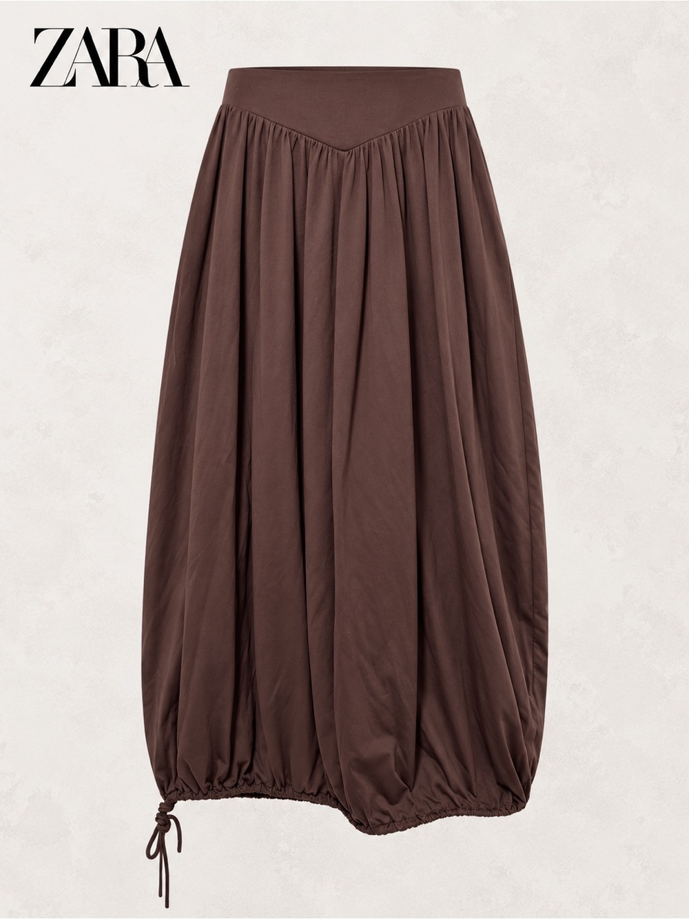 Zara Brown Balloon Midi Skirt V-Yoke Drawstring Hem Medium